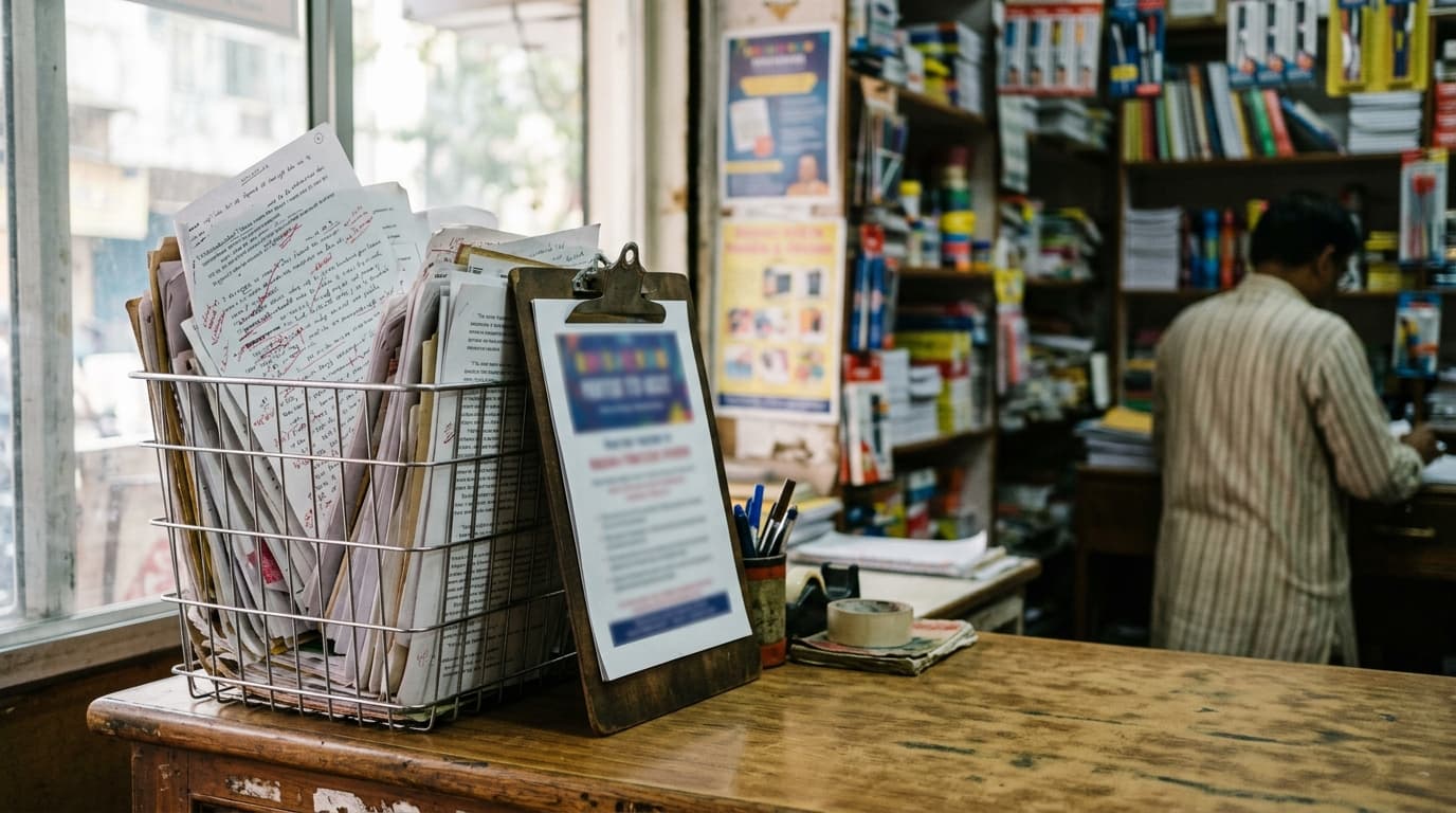 An overflowing wire tray of printed drafts covered in red-pen corrections beside one finished poster on a clipboard, on the counter of a small Indian stationery shop as the owner works in the background — TurboAgents post on AI-generated content statistics and why drafts never get published