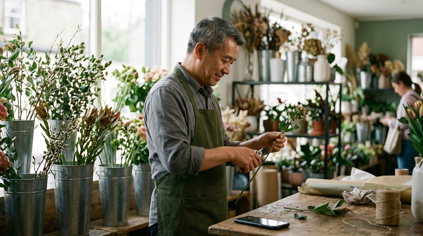 A florist in his fifties trimming a stem in his shop among metal buckets of flowers, his phone lying face down and ignored on the counter — TurboAgents post on AI tool overwhelm