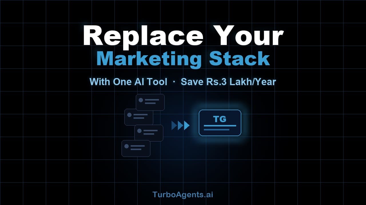 Cinematic flat-lay showing multiple marketing app subscriptions replaced by a single AI platform interface — TurboAgents
