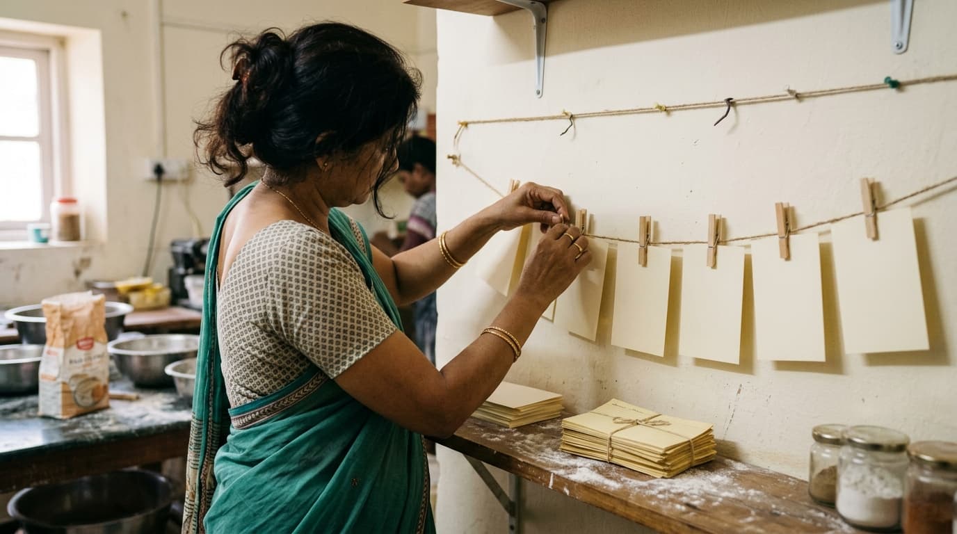 A woman in a teal cotton sari clipping a fresh row of blank cards onto a twine line in a small bakery’s back room, last month’s cards tied in a bundle on the flour-dusted shelf below — TurboAgents how-to on building a marketing automation workflow that runs every month