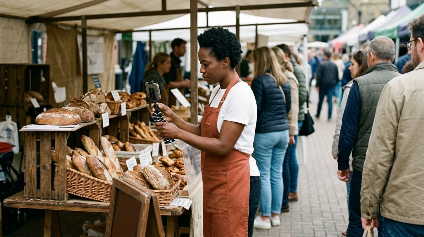 A bread-stall owner in a rust apron filming her loaves on a phone tripod at a weekend farmers’ market as the first customers queue — TurboAgents guide on how to use AI for marketing