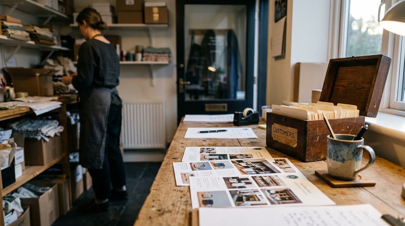 A small homeware shop’s back room with a wooden box of customer contact cards beside freshly printed ad proofs of the shop’s mugs — TurboAgents comparison of a HubSpot alternative for small business