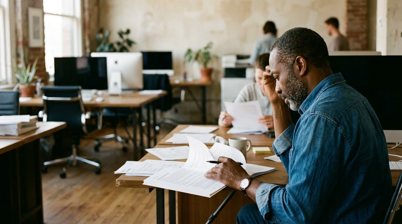 A grey-bearded agency owner in a denim shirt reading a printed client proposal in a studio where several desks sit empty with their monitors switched off — TurboAgents research on marketing agency industry trends