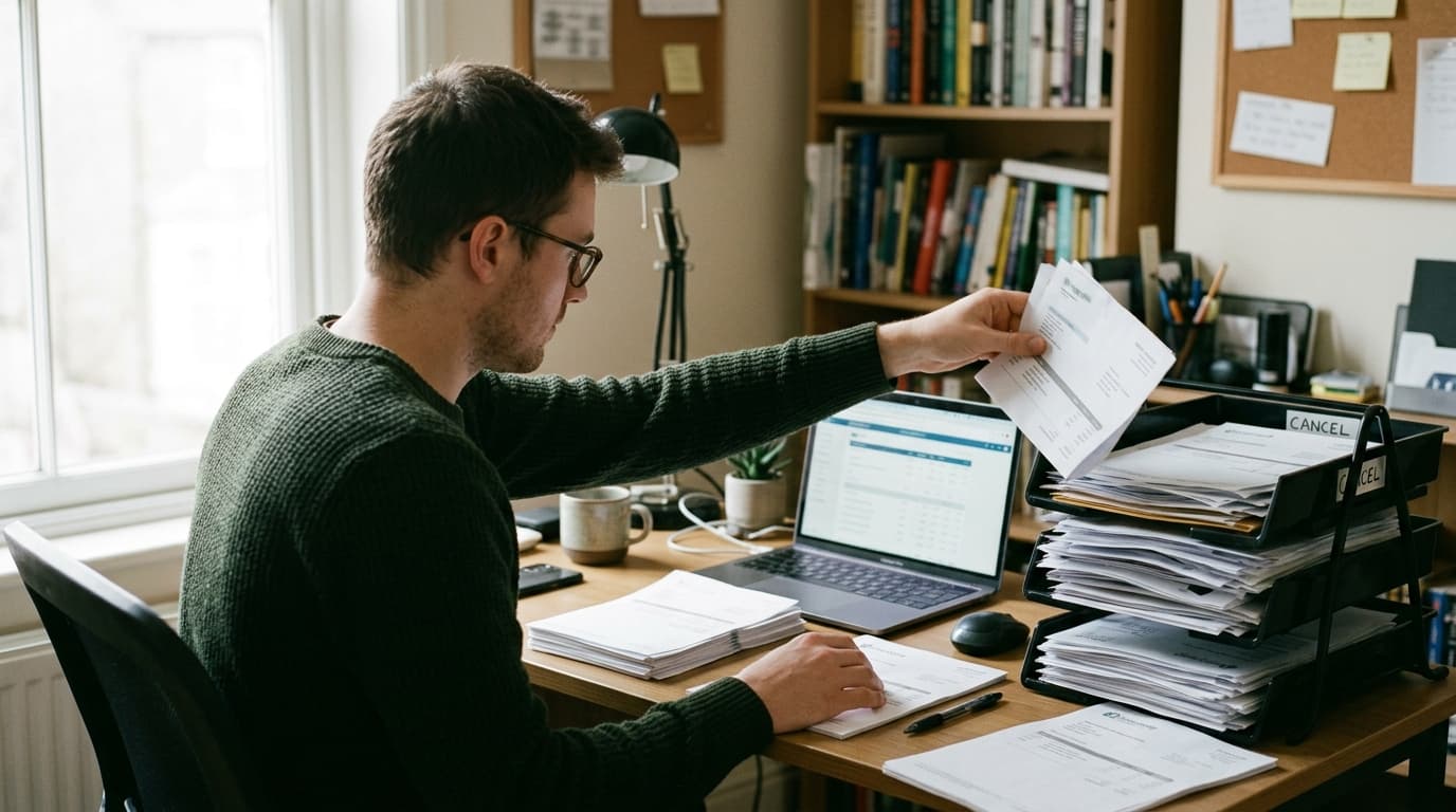 A business owner sorting software invoices into a tall cancel pile and a small keep pile — TurboAgents guide to replacing your marketing stack with one AI platform