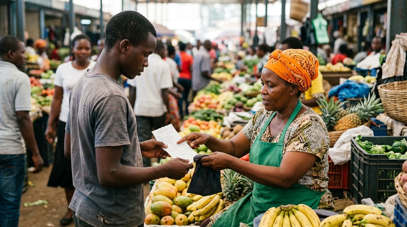 A fruit-stall owner in an orange headwrap and green apron handing a handwritten errand list and a money pouch to a young assistant at a busy market, pointing at the line she still wants to check — TurboAgents guide to what agentic AI is in marketing
