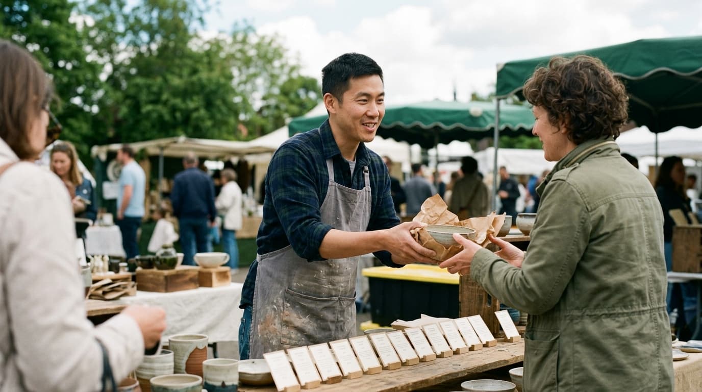 A potter in a clay-stained grey apron handing a paper-wrapped bowl to a customer at his outdoor market stall, a neat row of identical printed price cards along the front of the table — TurboAgents post on what to automate in marketing and what to keep human