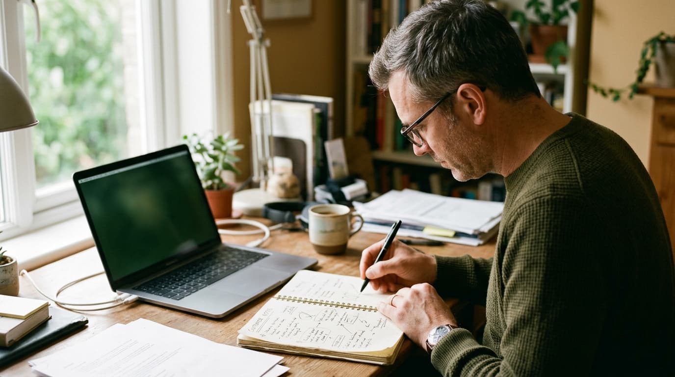 A marketer pushing his laptop aside to sketch notes about his customer first — TurboAgents blog post on why AI marketing needs strategy before content