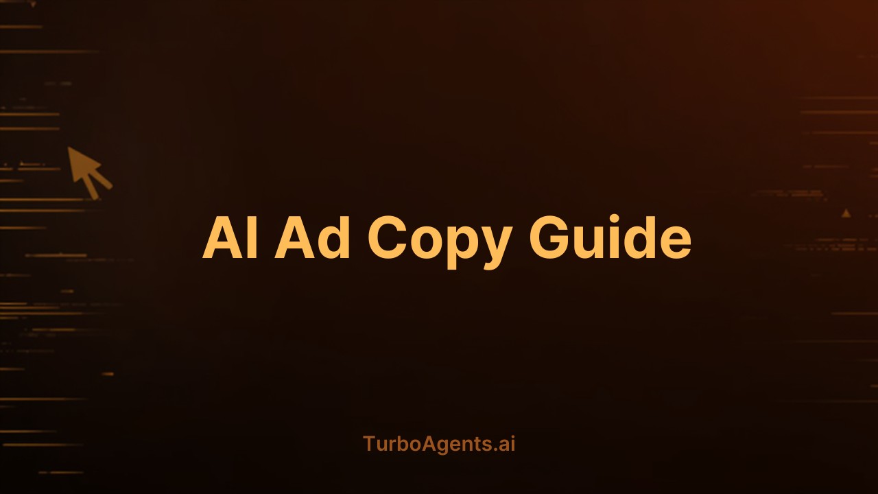 AI ad copy generator interface with typewriter cursor showing automated advertising copywriting on dark orange background