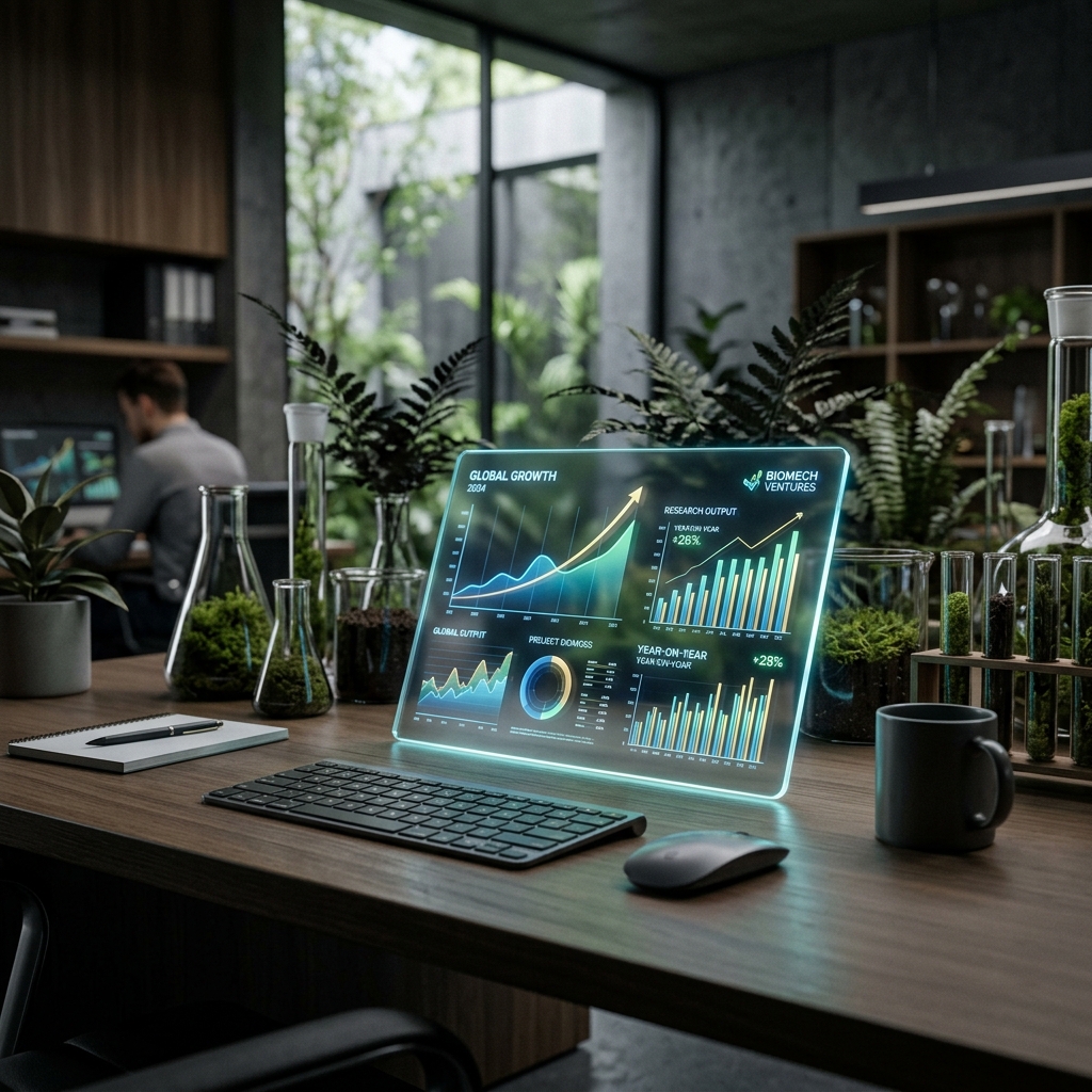 Cinematic data visualization on a luxury minimalist desk with organic lab textures