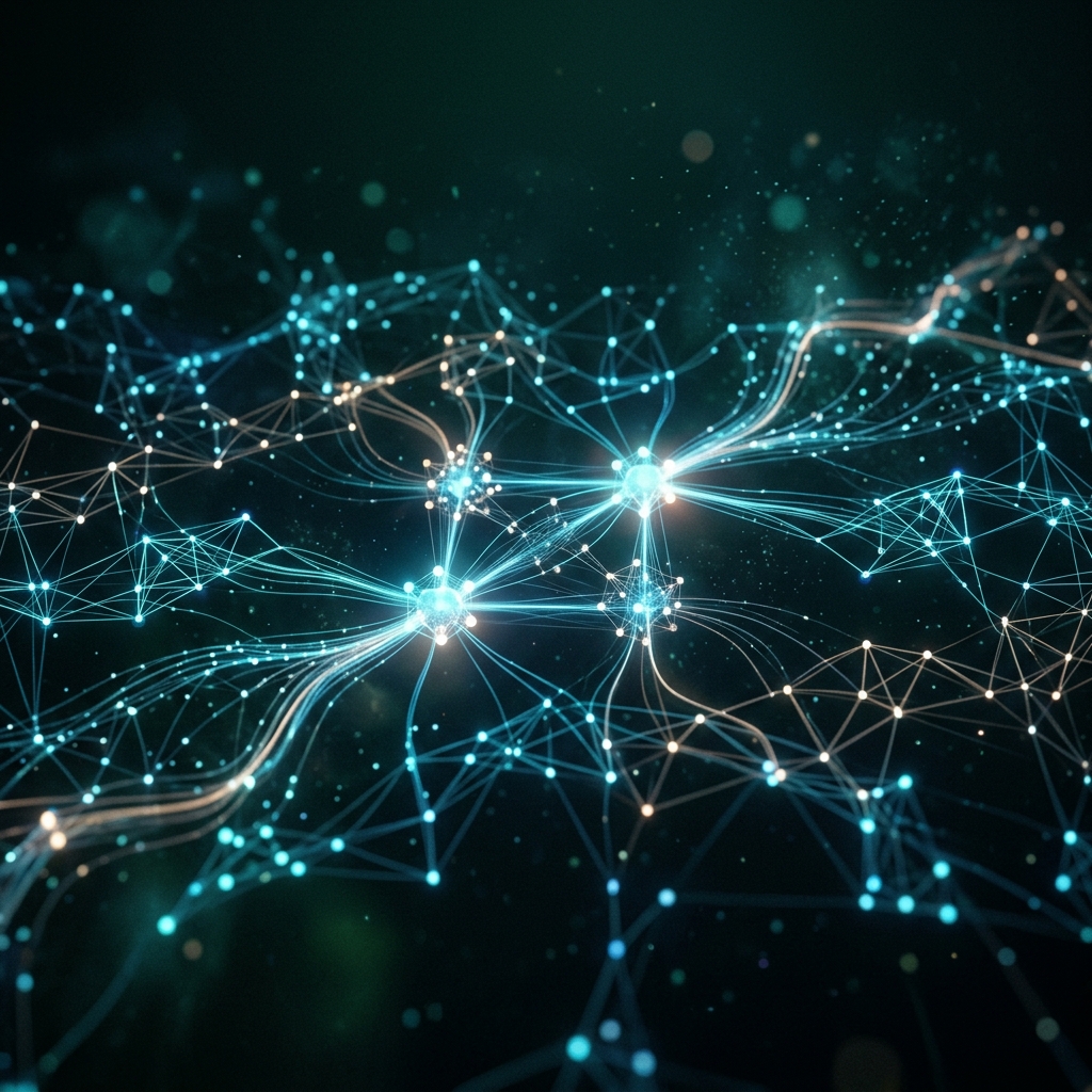 Futuristic glowing interconnected network nodes representing a digital toolkit